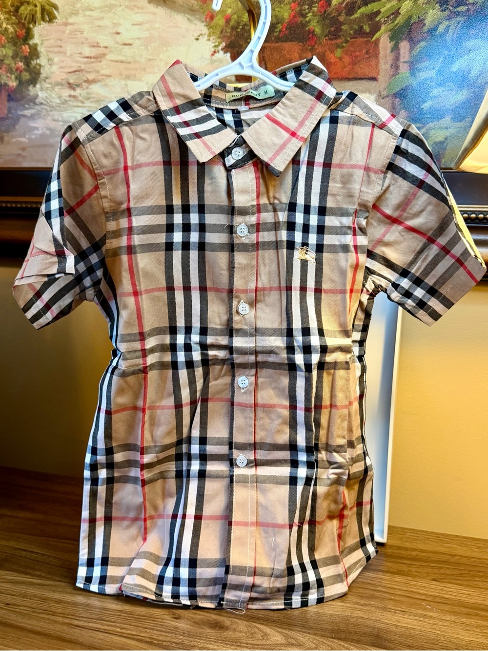 Burberry Classic Tan Plaid Short-Sleeve Button-Down Shirt-youth med/size 10